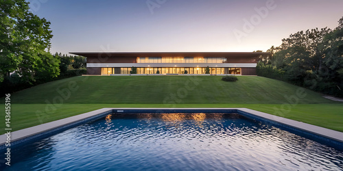 Modern house on a grassy hill overlooking a pool.