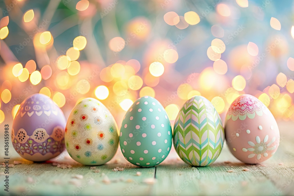 Fototapeta premium Pastel Easter Eggs Background, Cute Spring Bokeh, Decorative Egg Pattern, Holiday Image