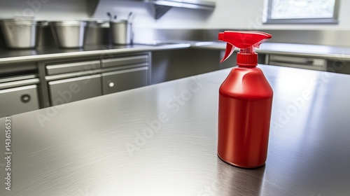 Wallpaper Mural Bright Red Disinfectant Spray Bottle on Sleek Stainless Steel Kitchen Surface Torontodigital.ca