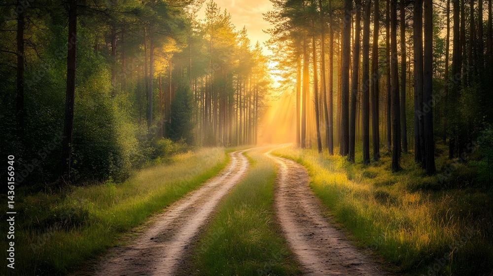 Fototapeta premium Serene Long Path Through Pine Trees at Dawn with Sunlight