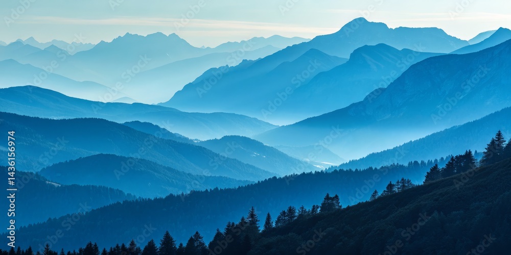 Obraz premium Blue Hues of Mountain Ranges Landscape Photography, layered mountains, panoramic view, serene, Alps Alps, landscape photography