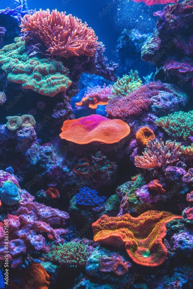Naklejka premium Vibrant Coral Reef Underwater Scene with Colorful Marine Life