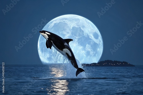 Orca Leaps Beneath a Full Moon Over Calm Waters Generative AI