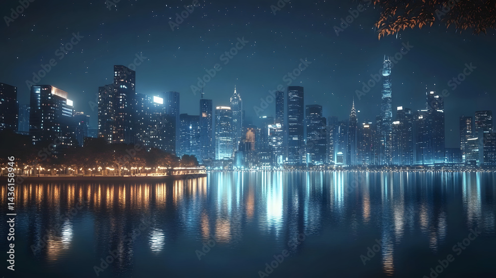 Fototapeta premium Night Cityscape With Water Reflection 3D Illustration