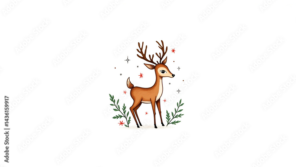 Fototapeta premium Festive Christmas deer illustration. True hand drawing, vector artwork