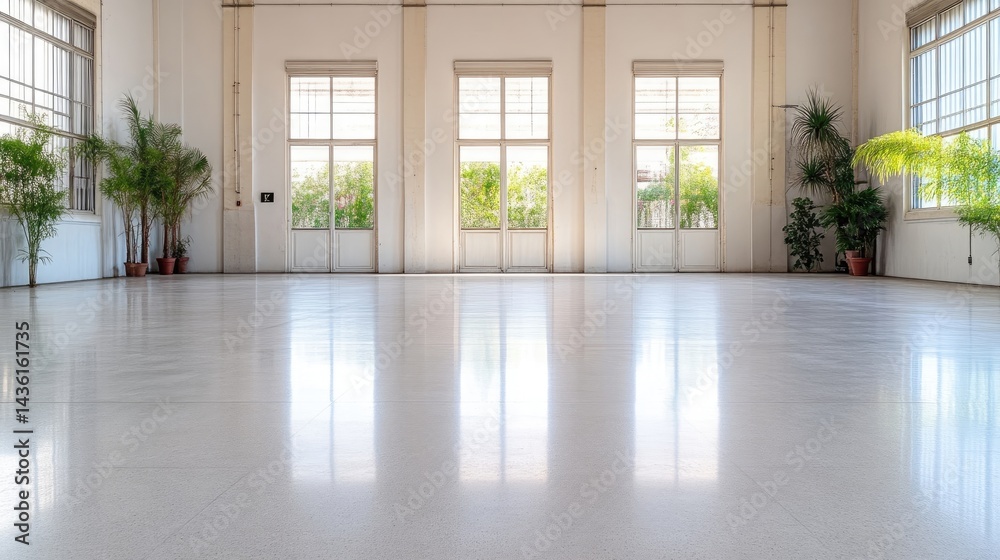 Obraz premium Spacious, empty hall with large windows and plants