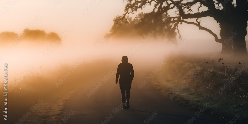 Fototapeta premium Solitary figure walks a misty road.