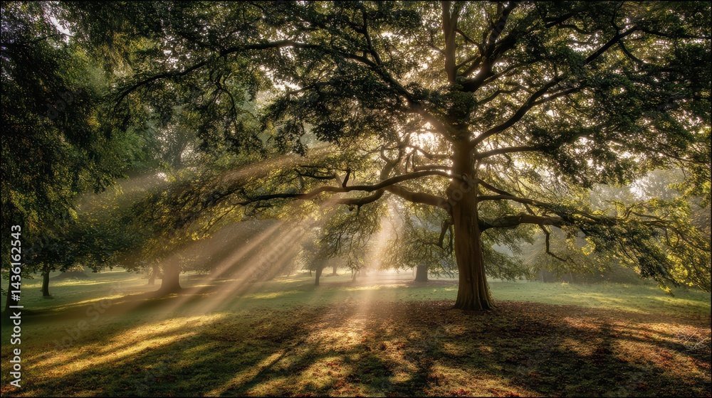 Obraz premium Sunbeams Piercing Through Forest Trees Creating Dappled Light Patterns in Natural Setting.