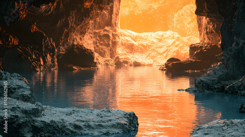 Hidden Lagoon: Exploring the unknown. A mysterious hidden lagoon glows, mirroring the warm hues of a faraway sunset, tucked within a cavern.