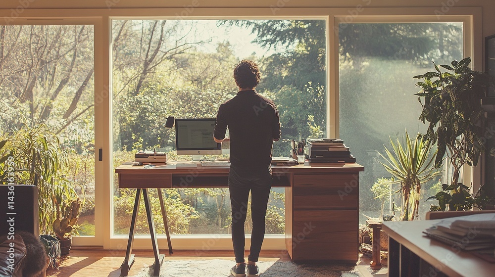 A person working on a standing desk in a modern home office with large windows and plenty of sunlight. A person working on a standing desk in a modern home office with large windows and plenty of sunlight.
