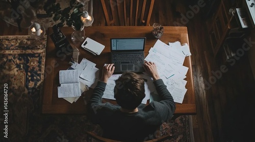 A remote worker sitting at a dining table, surrounded by paperwork and notes, focused on their laptop.