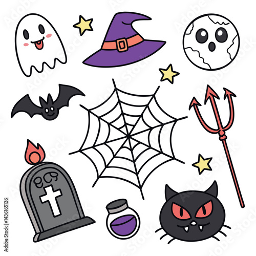 This vector set features cartoon halloween icons including a pumpkin, bat, cat, ghost, witch hat, spider, and skull, perfect for holiday design