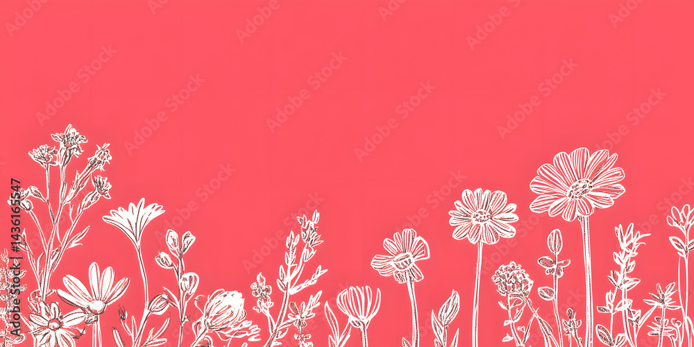 Obraz premium Playful Mother's Day card featuring hand-drawn doodles of flowers in the lower left, with a bright pink empty space above and to the right. 
