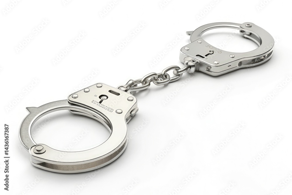 Silver Handcuffs Connected by a Short Chain on a Plain Background Generative AI Silver Handcuffs Connected by a Short Chain on a Plain Background Generative AI
