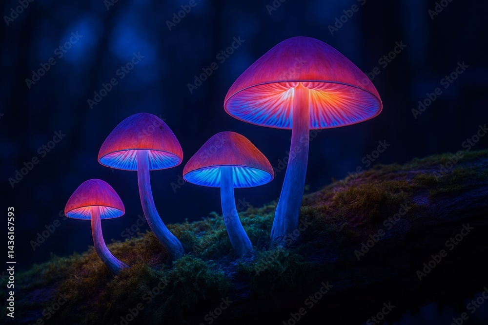 Fototapeta premium Vibrant glowing mushrooms illuminate a dark forest scene with vivid blue and pink hues, creating an enchanting, otherworldly atmosphere at night.