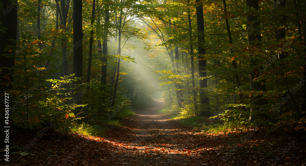 Fototapeta premium Sunlight Filtering Through Trees Illuminating a Forest Path During Autumn