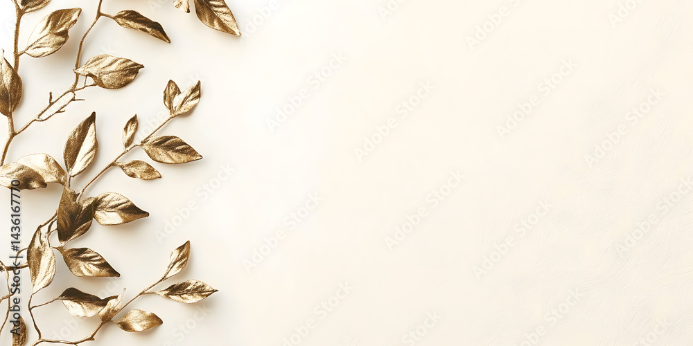 Tylish minimalist card with a gold-foil effect floral branch on the left margin Tylish minimalist card with a gold-foil effect floral branch on the left margin