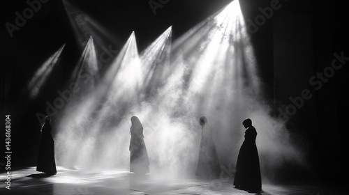Silhouetted dancers perform on stage, spotlight dramatic effect, smoky atmosphere, theatrical production