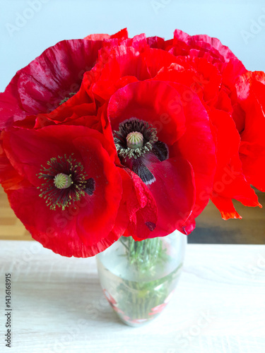 Still life with deep red flowers. Bouquet of poppy flowers (Papaver) in a glass vase on the table. Beautifully and originally designed delicate bouquet (bunch) of bright red decorative poppies