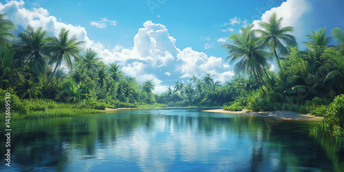 Tranquil Tropical River Paradise with Lush Palms