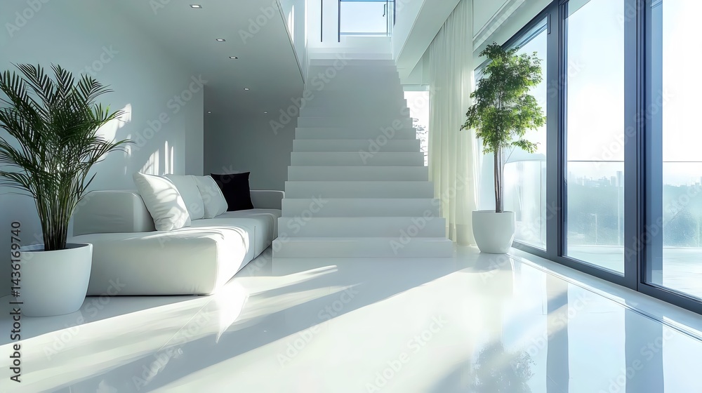 Fototapeta premium A modern, white living room with a staircase, sofa, and large windows fills with light.