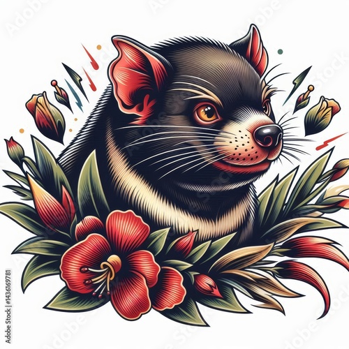 Tasmanian Devil Cartoon Tattoo with Floral Adornments and Gradient Shading photo