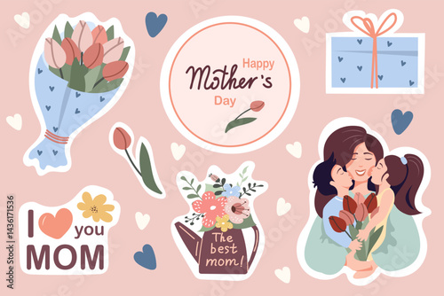 Collection of cheerful stickers designed for Mother's Day celebrations:  mother embracing her children, a  bouquet of tulips, and  gift box.  perfect for crafting messages or decorating cards.