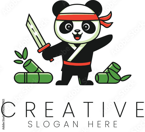 Cute Panda Ninja Warrior Cartoon Character Bamboo Sword kid red fun logo icon baby arts funny image 