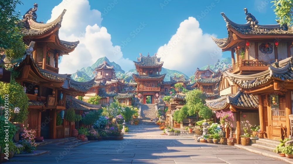 Fototapeta premium Ancient Chinese Village Street with Traditional Architecture, Stone Pathway, Lush Greenery, and Red Lanterns, Serene Atmosphere