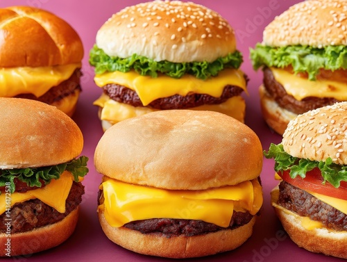 Trio of fast food burgers with visible cheddar lettuce and sauce arranged in staggered line on warm yellow backdrop in commercial lunch concept food marketing photo photo