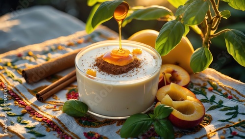 Honey Drizzling Onto Yogurt Dessert with Peach and Cinnamon Sticks