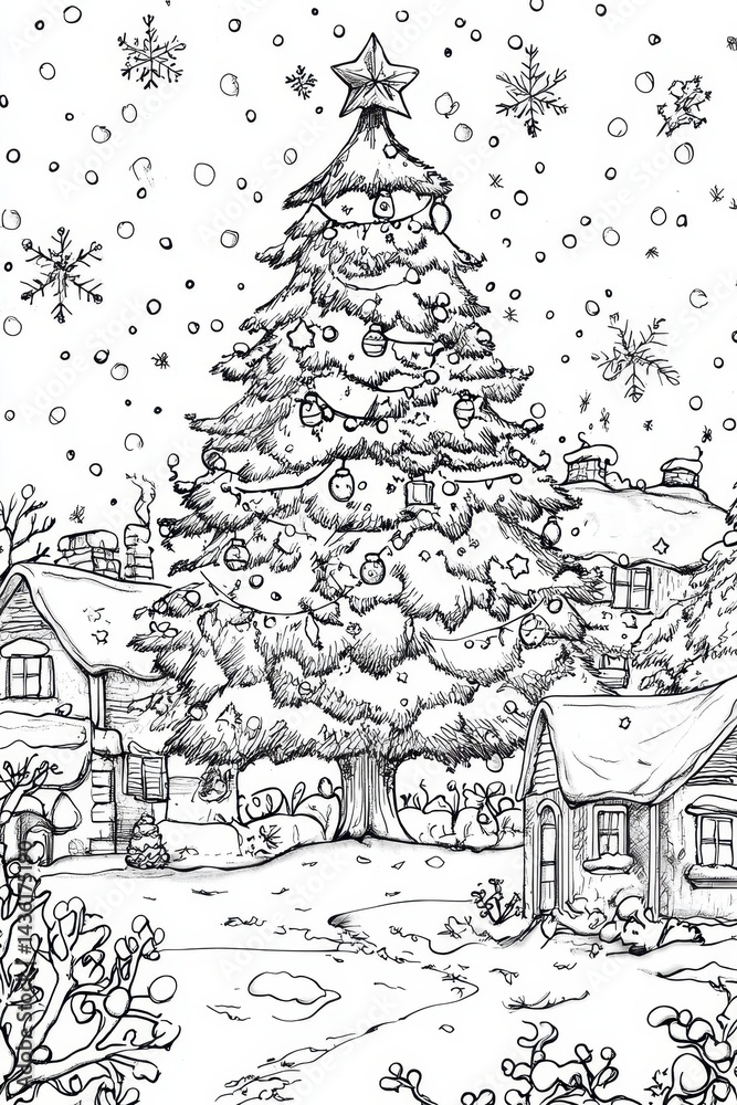 Snowy Christmas tree adorned with lights in a whimsical village setting. Snowy Christmas tree adorned with lights in a whimsical village setting.