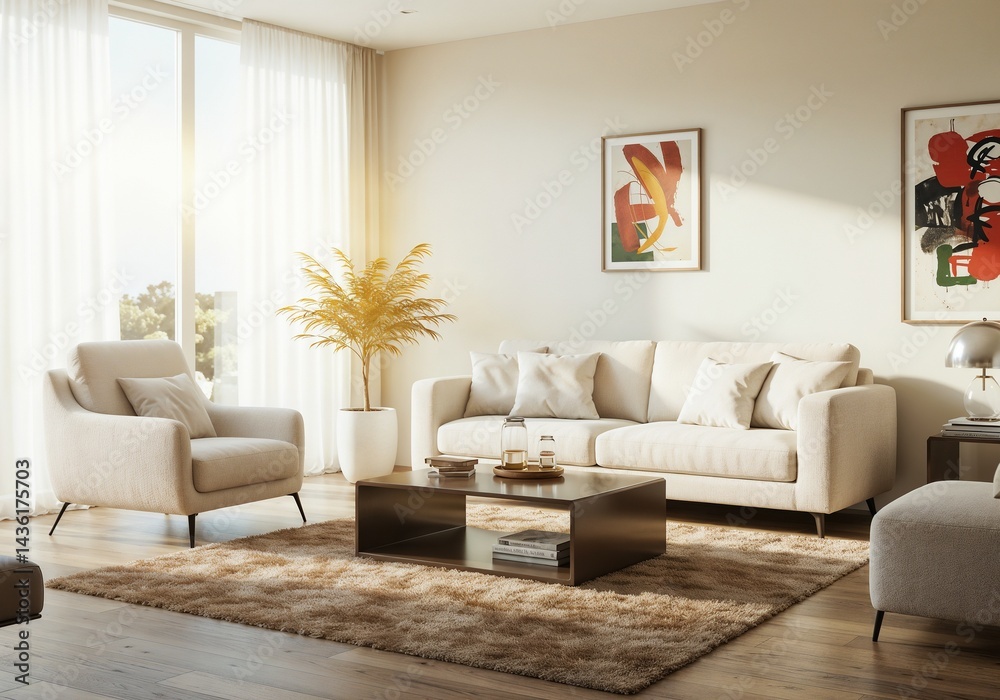 Fototapeta premium Elegant Neutral Living Room Design with Natural Light and Cozy Modern Decor, modern bright airy living room with sofa