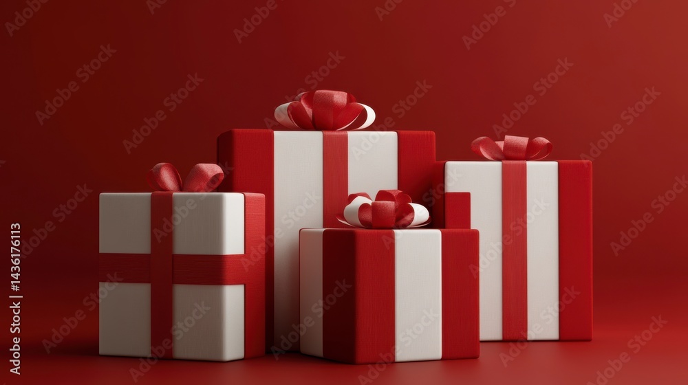 Fototapeta premium Red and white gifts with bows on red background.