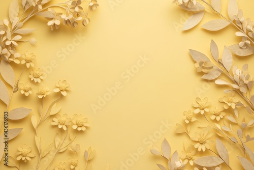 Wallpaper Mural Delicate paper flowers and leaves frame a pale yellow backdrop. Torontodigital.ca