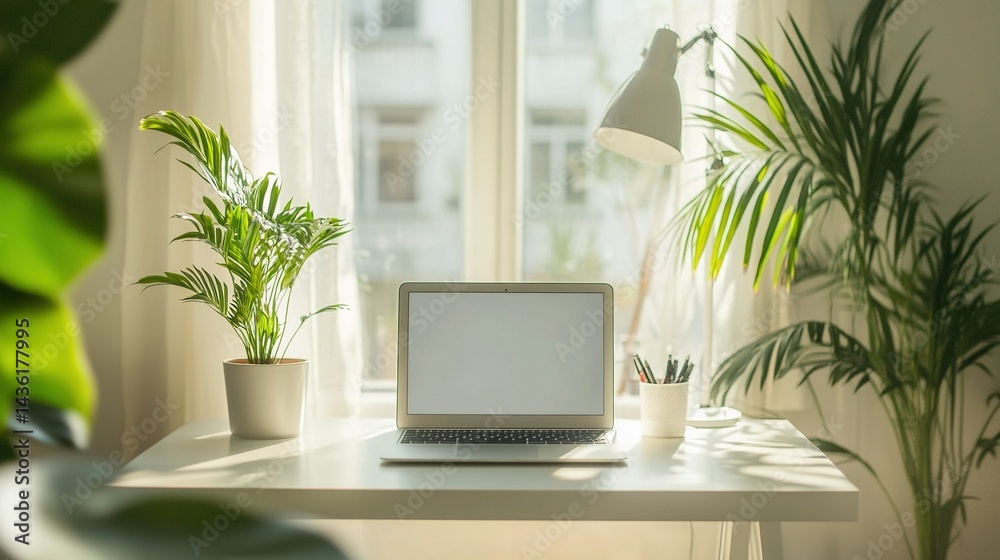 Fototapeta premium A minimalist home office with sleek furniture, open laptop, and natural light streaming in.