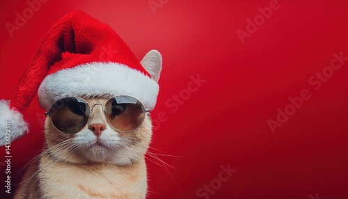 cool christmas cat wearing santa hat and sunglasses on red background, perfect for holiday web design, greeting cards, branding, and social media graphics


