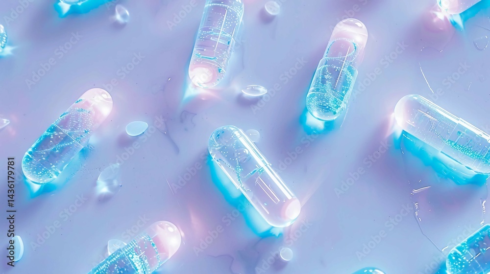 Glowing probiotic capsules with abstract bacteria shapes, symbolizing gut health and microbiome balance, digestive wellness and healthy lifestyle concept. Glowing probiotic capsules with abstract bacteria shapes, symbolizing gut health and microbiome balance, digestive wellness and healthy lifestyle concept.