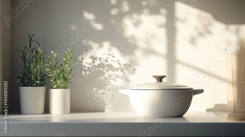 Wallpaper Mural Minimalist Kitchen Still Life: Potted Herbs and Cookware on Countertop in Natural Light, Scandinavian Design. Torontodigital.ca