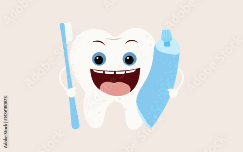 Cute vector illustration of smiling cartoon tooth with brush and toothpaste. Happy dental care concept for kids and pediatric dentistry. Flat style, bright colors, isolated on white background.
