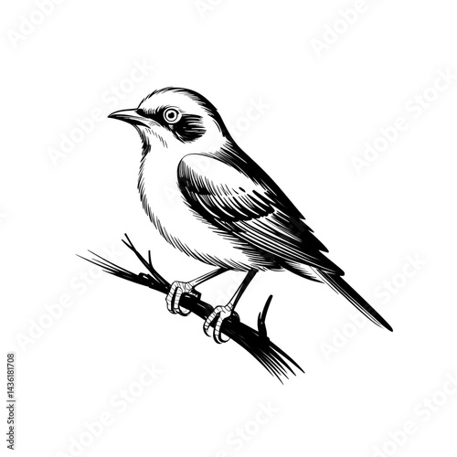 Bird illustration: detailed sketch of a bird perched on a small branch drawing art