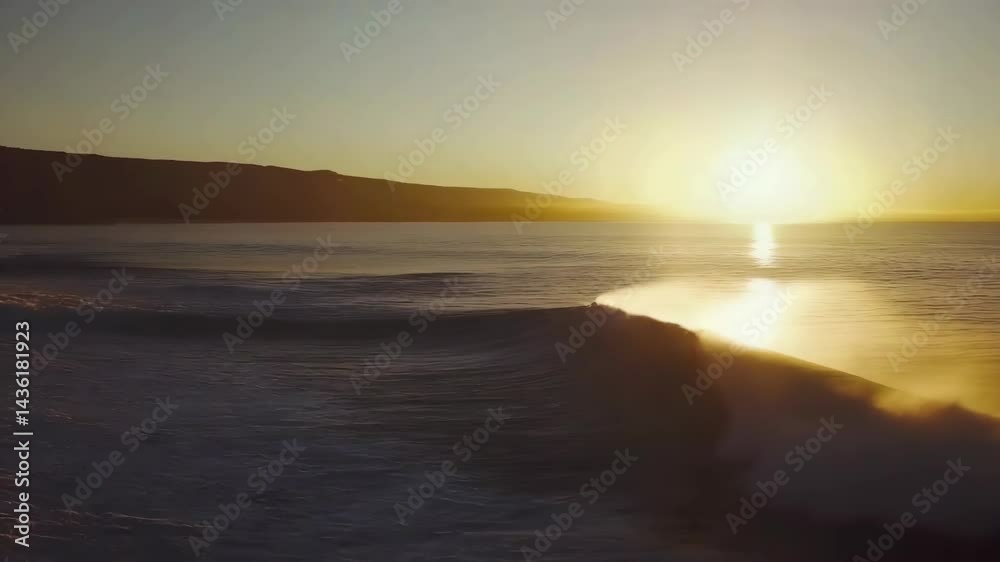 Ocean swell rolling towards the shore during a serene and golden sunset with soft light reflecting across the sea surface. Ocean swell rolling towards the shore during a serene and golden sunset with soft light reflecting across the sea surface.