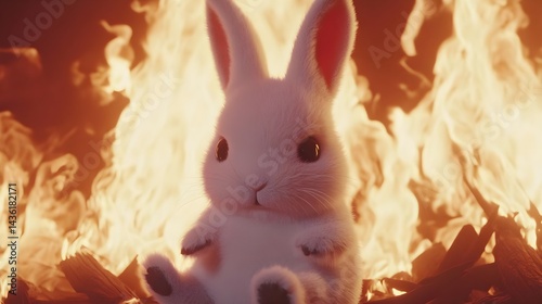 Little Rabbit Trapped in Flames Amongst Fiery Background