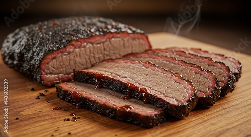 Texas-Style Brisket BBQ: Thick slices of smoked brisket with bark, BBQ sauce drizzle, pine wood plank.
