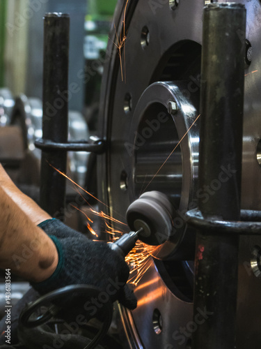 Close-up engineer technician craftsman one person hand wear glove safety protective holding tool cut drill grinding steel with light spark for job repair product in machine workshop industrial factory