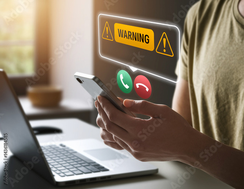 Scam or spam alert calls, person receiving unknown caller notification with a Warning Messages to Prevent Scams, Fraud, and Identity Theft on smartphone photo