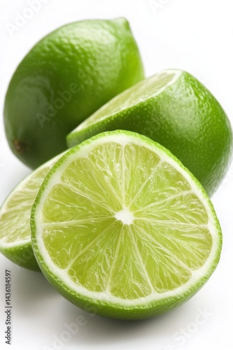 Freshly Cut Green Limes on White Background with Juicy Slices
