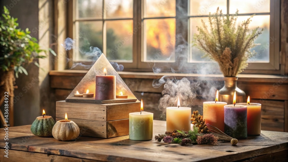 Scented candles burning on rustic wooden table near window with sunset view Scented candles burning on rustic wooden table near window with sunset view