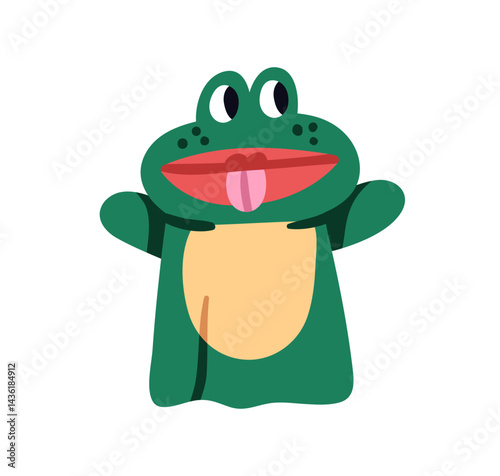 Cute funny frog, hand puppet. Happy smiling animal character toy, kids doll, dummy, marionette for role play show, puppetry theatre. Flat graphic vector illustration isolated on white background