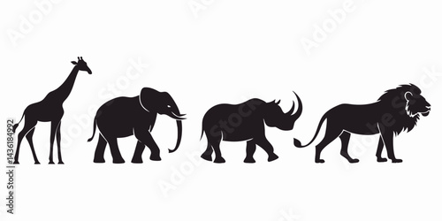 Photography African Wildlife Vector Silhouette Set with Giraffe Elephant Rhino and Lion Anim